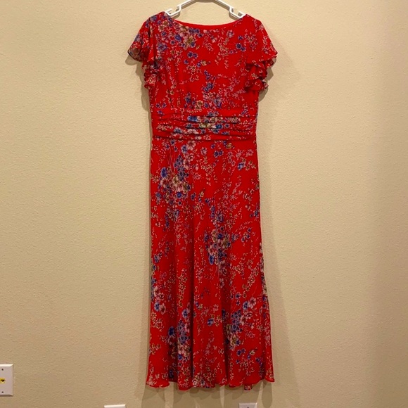 Vintage dress - classy and flirty floral print ruffled shoulders, ruched waist - Picture 1 of 8